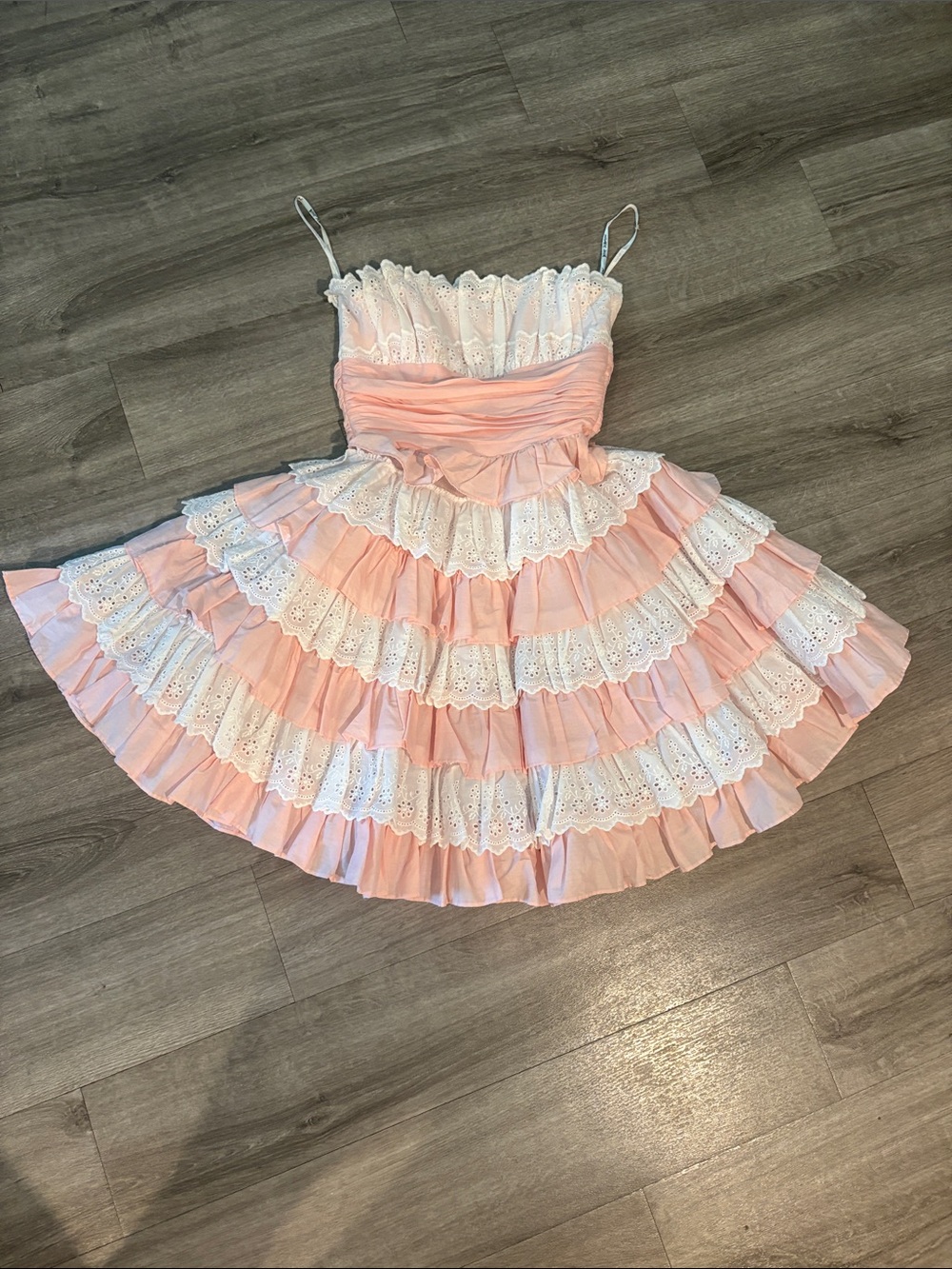 RARE** Betsey Johnson Pink and White Ruffled Eyelet Tiered Sundress